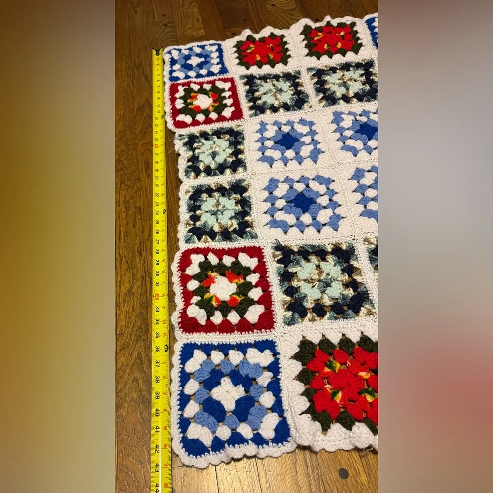 Festive Crochet Blanket with Red, Blue, and White Squares